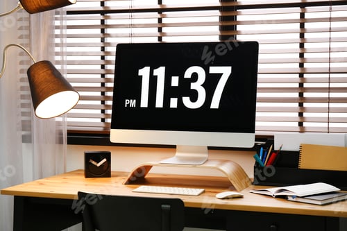 Preview: Modern PC on table near window with blinds in room