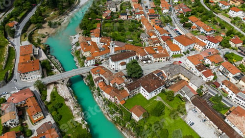 Preview: Sunny Day Aerial Photography of Kal na Soci Architecture in Slovenia