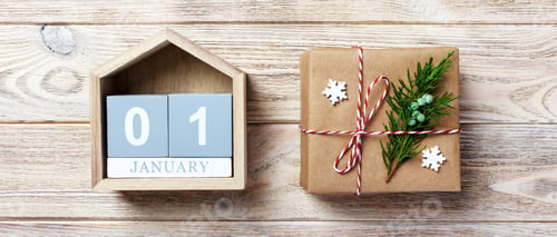 Preview: Christmas calendar. Christmas gift, fir branches on wooden white background. Copy space, top view