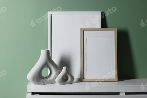 Preview: Empty picture frames and other decor on white shelf near pale green wall indoors