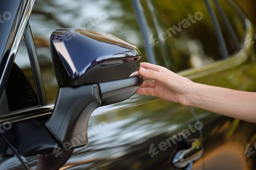 Preview: Driver hands adjusting side view mirror of a car