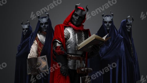 Preview: Four members of mysterious cult and leader with book