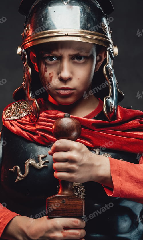 Preview: Serious military roman boy with sword in dark background
