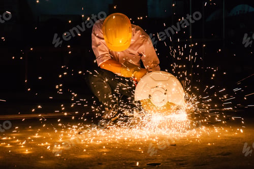 Preview: Heavy industry manual worker with grinder background, man wearing mask