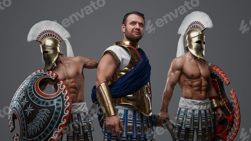 Preview: Greek warlord with two comrades against grey background