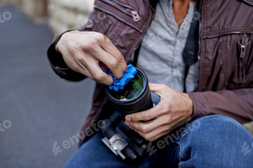 Preview: Time to clean this lens. A young man removing the lens from his camera.