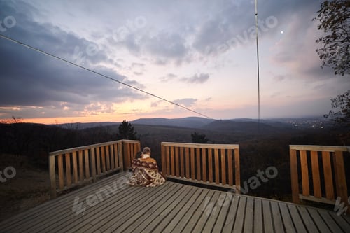 Preview: One Young Couple, Two Friends Hugging Together Under A Blanket. Relaxing In Urban Area, Outdoors In
