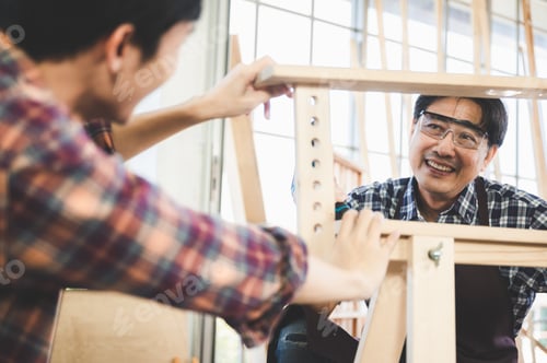 Preview: professional carpenter team work in construction with wood workshop