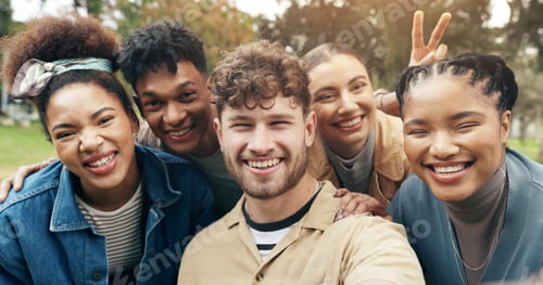 Preview: Selfie, students or smile in portrait on campus for university memory, social media post or profile