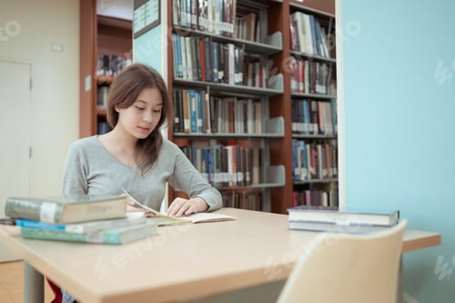 Preview: A teenage girl sitting on the table of a library, searching information