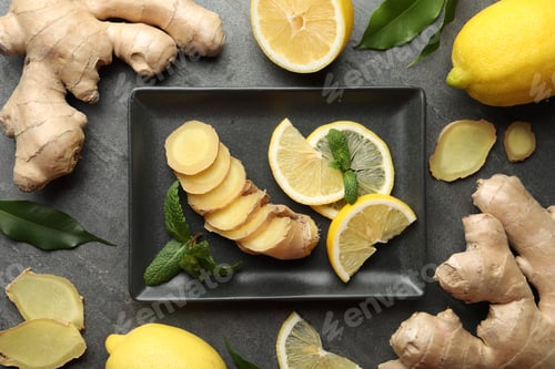 Preview: Fresh lemons, ginger and mint on grey table, flat lay