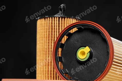 Preview: Car engine filter on dark background, close up