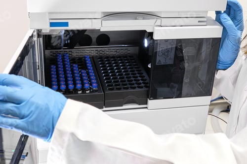 Preview: Scientist in a white lab coat putting vial with a sample into autosampler of HPLC system. High