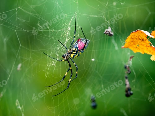 Preview: Closeup shot of a Joro spider with pink back in a Japanese forest park
