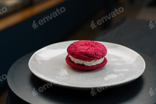 Preview: Close-up, bakery - delicious red macaron on rotating surface