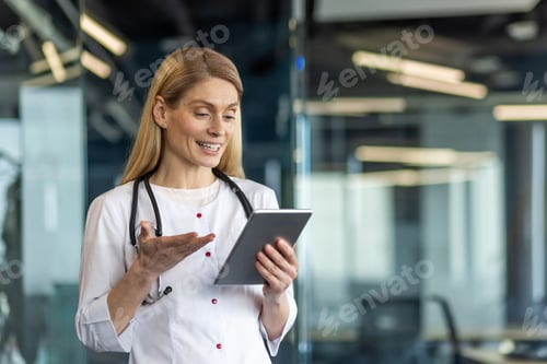 Preview: Female doctor using tablet for video call or telemedicine consultation in modern office setting