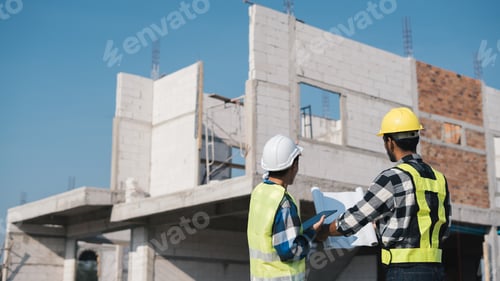 Preview: Structural engineer and architect working with blueprints discuss at the outdoors construction site.