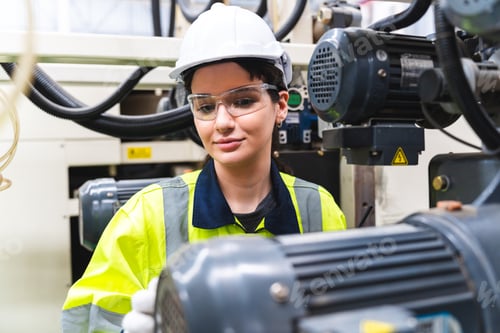 Preview: Portrait female professional engineer factory in protective uniform operating machine