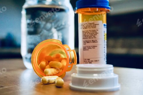 Preview: Bottle of spilled pills with glass of water in background