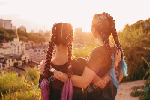 Preview: Rear view of mother and daughter in the sunset