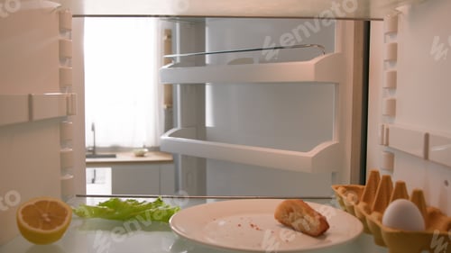 Preview: Point of view from inside refrigerator POV Caucasian adult man householder homeowner open fridge