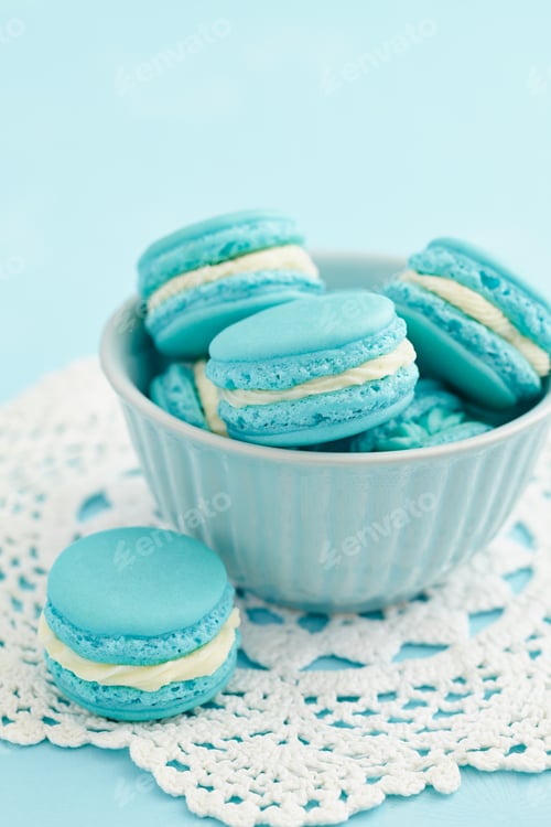 Delicious Light Blue Macarons in a Matching Bowl