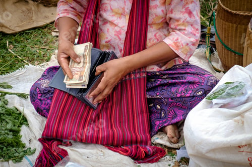 Preview: Detail of Asian woman in colorful clothes putting money in the purse