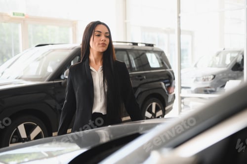 Preview: woman showing new car to potential buyer in dealership