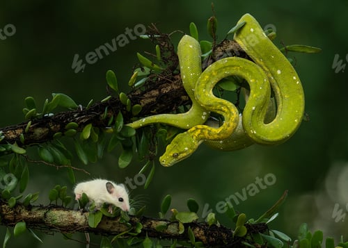 Preview: Closeup of a Green Tree Python on a tree near a white Mouse
