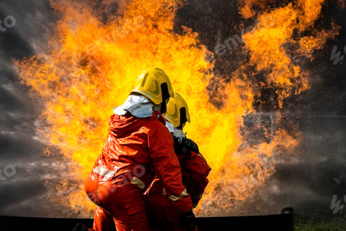 Preview: Firefighter Concept. Fireman using water and extinguisher to fighting with fire flame.
