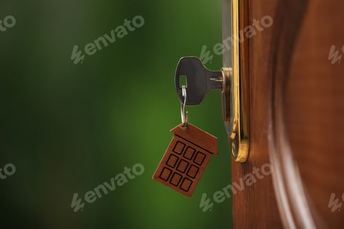 Preview: Open door with key on blurred green background, closeup. Space for text