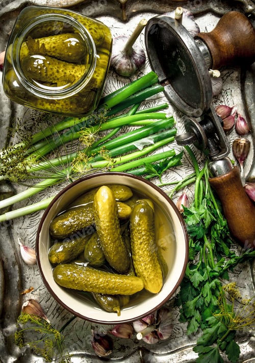 Preview: Pickled cucumbers with herbs and spices on a steel tray.