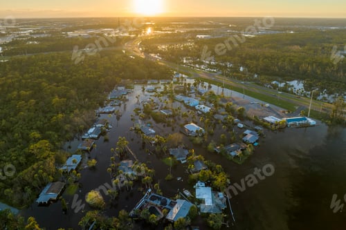 Preview: Flooded houses by hurricane Ian rainfall in Florida residential area.