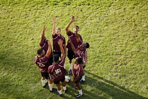 Preview: Raised hand, sports and rugby people celebrate teamwork, team building or winning game, match or to