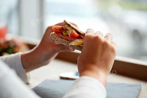 Preview: woman eating salmon panini sandwich at restaurant