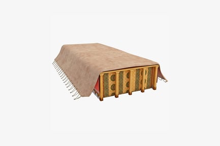 Preview: Bed with patterned wooden frame and draped blanket