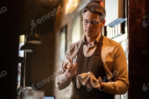 Preview: Mid adult barista cleaning drinking glass while working behind bar counter.