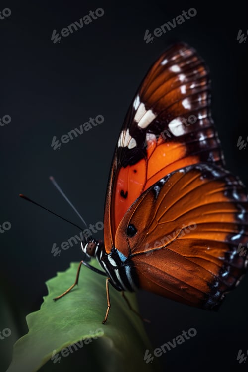Preview: a close up of a butterfly on a leaf on a black background