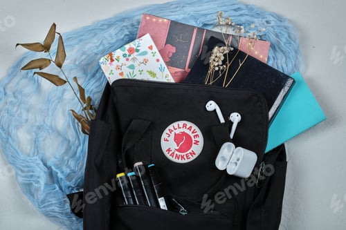 Preview: Black Backpack Surrounded by Educational Supplies and Accessories