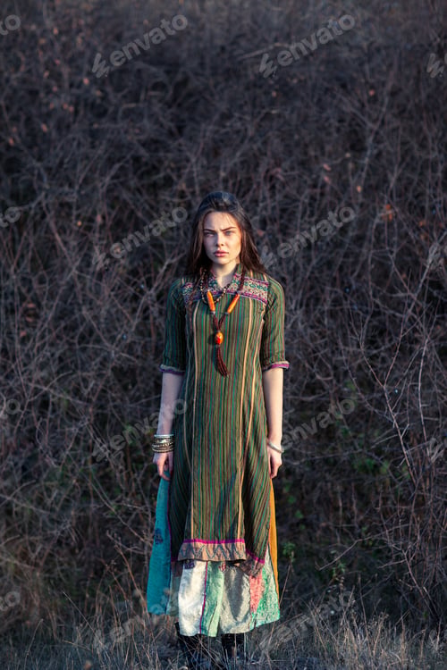 Preview: Beautiful hippie woman at sunset