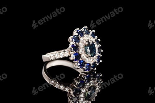 Preview: Beautiful ring with sapphires and diamonds in gold on a black background