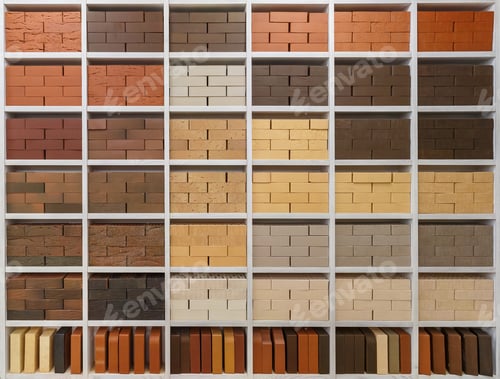 Visualização: Prateleiras com tijolos de várias cores. parede de tijolos