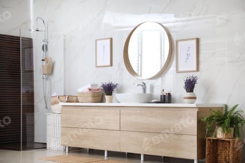 Preview: Bathroom interior with shower stall and counter. Idea for design