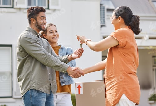 Preview: Keys, realtor handshake and couple moving to new house, property investment and mortgage success, d