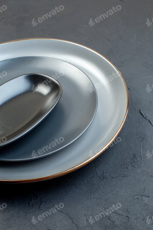 Preview: front view different elegant plates on dark background silverware femininity diner ladies hunger