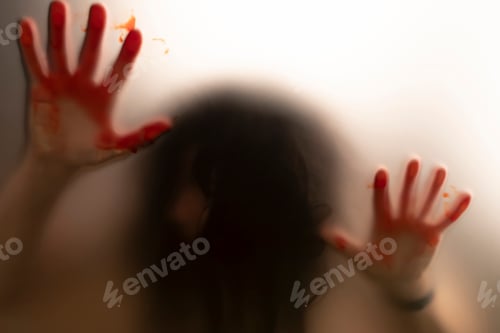 Preview: Shadowy figure with blood behind glass - horror background
