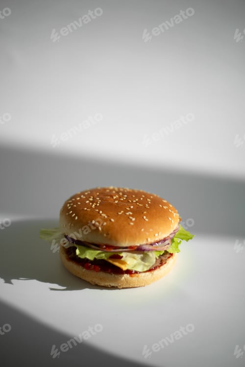 Preview: Head on view of a burger on a white background