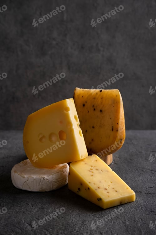 Preview: Various types of cheese on grey board. Free space for your text. Dark moody.