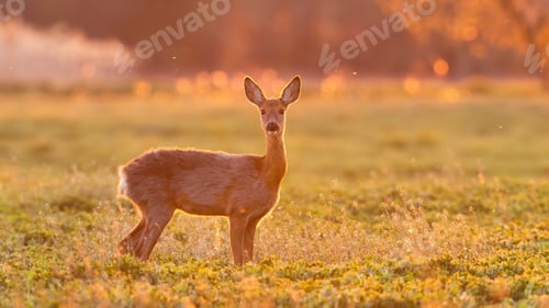 Preview: Roe deer doe standing on a green field in spring nature backlit by evening sun
