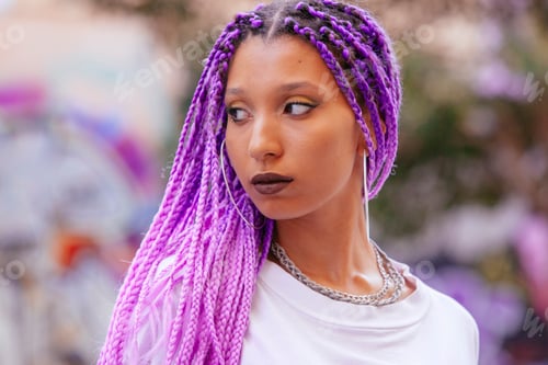 Preview: portrait of an exotic woman with ultra violet braids